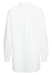 Witte langemouwen shirt met een knoopsluiting bij de kraag, gathered mouwen en een rechte zoom. Gemaakt van een gladde stof zonder zichtbare patronen of details.