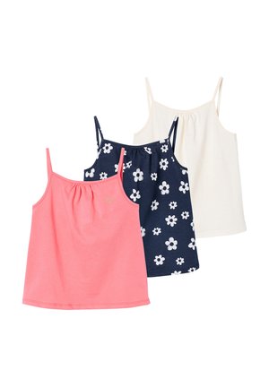 Three sleeveless camisoles with thin straps: solid coral, navy blue with white flowers, and solid off-white, arranged overlapping.