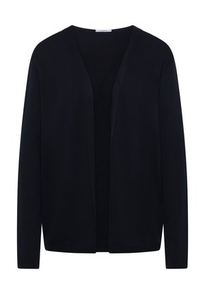 Černý dlouhý cardigan s otevřeným předním dílem a dlouhými rukávy, vyrobený z pletené látky s jednoduchým, bezlímcovým designem.