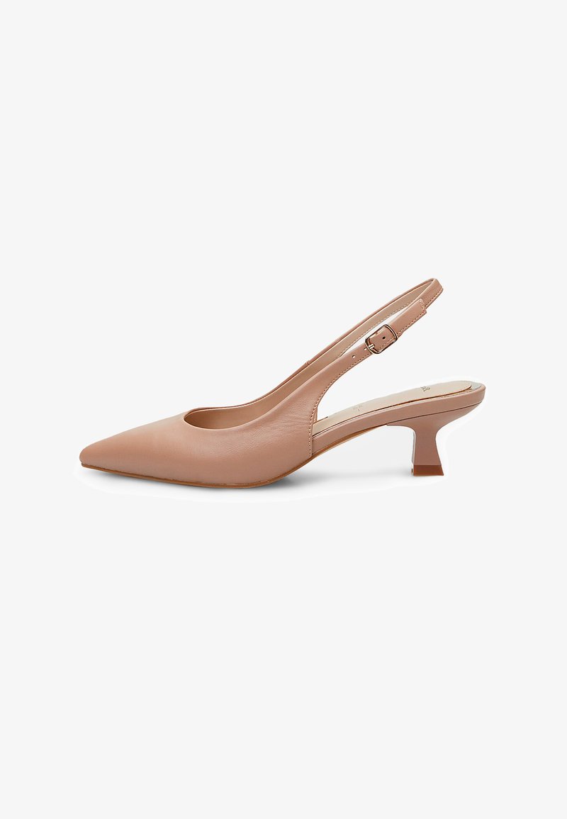 Nude leather slingback shoe with a pointed toe, low block heel, and cut-out details on the sides. Features a buckle strap for closure.