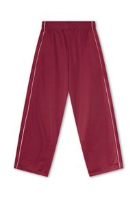 Mørkerøde brede bukser med elastisk talje og hvide piping-linjer, der løber ned langs ydersiderne af benene, lagt fladt på hvid baggrund.