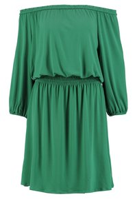 Zielona sukienka bez ramiączek z długimi, obszerna rękawami. Posiada marszczoną talię i zwiewną spódnicę wykonaną z lekkiego materiału.