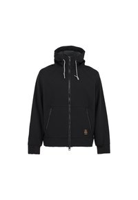 Giacca nera con cappuccio, tasche con zip, polsini elasticizzati e una superficie liscia. Presenta una patch con logo sul davanti.