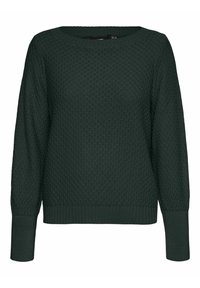 Maglione lavorato a maglia verde scuro con un motivo testurizzato, scollatura rotonda e maniche lunghe. Presenta un orlo e polsini a coste.