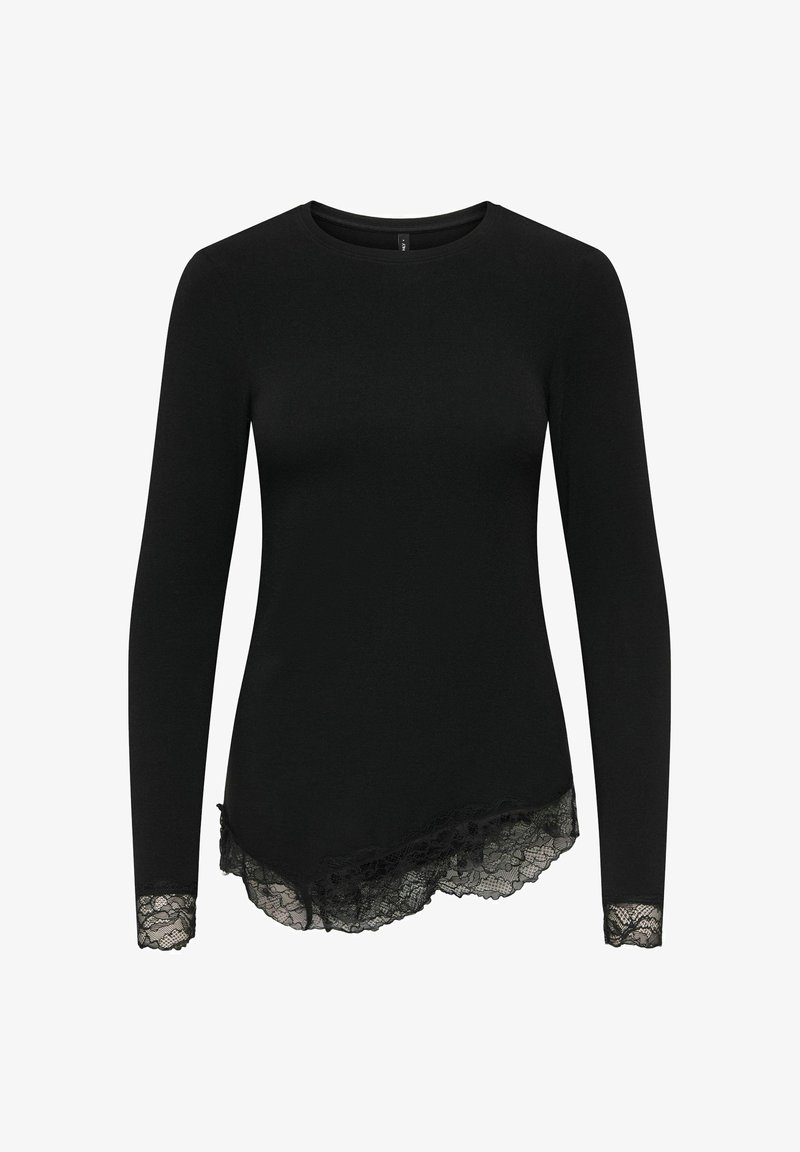 Haut noir à manches longues avec col rond et bordure en dentelle aux poignets et ourlet asymétrique.