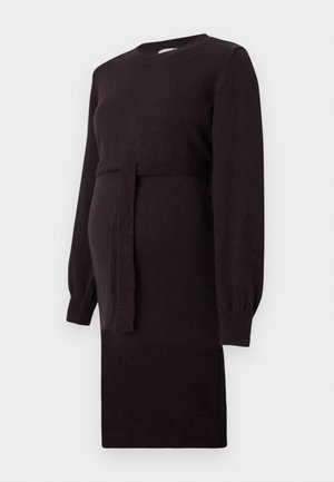Knitted, long-sleeve, dark brown dress with a round neck, cinched waist tie, and ribbed cuffs, designed for a fitted silhouette around the belly.