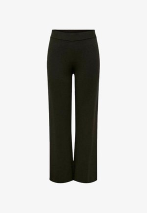Pantalones de pierna ancha negros con una tela suave, cintura alta y textura lisa, diseñados para la comodidad y un ajuste relajado.