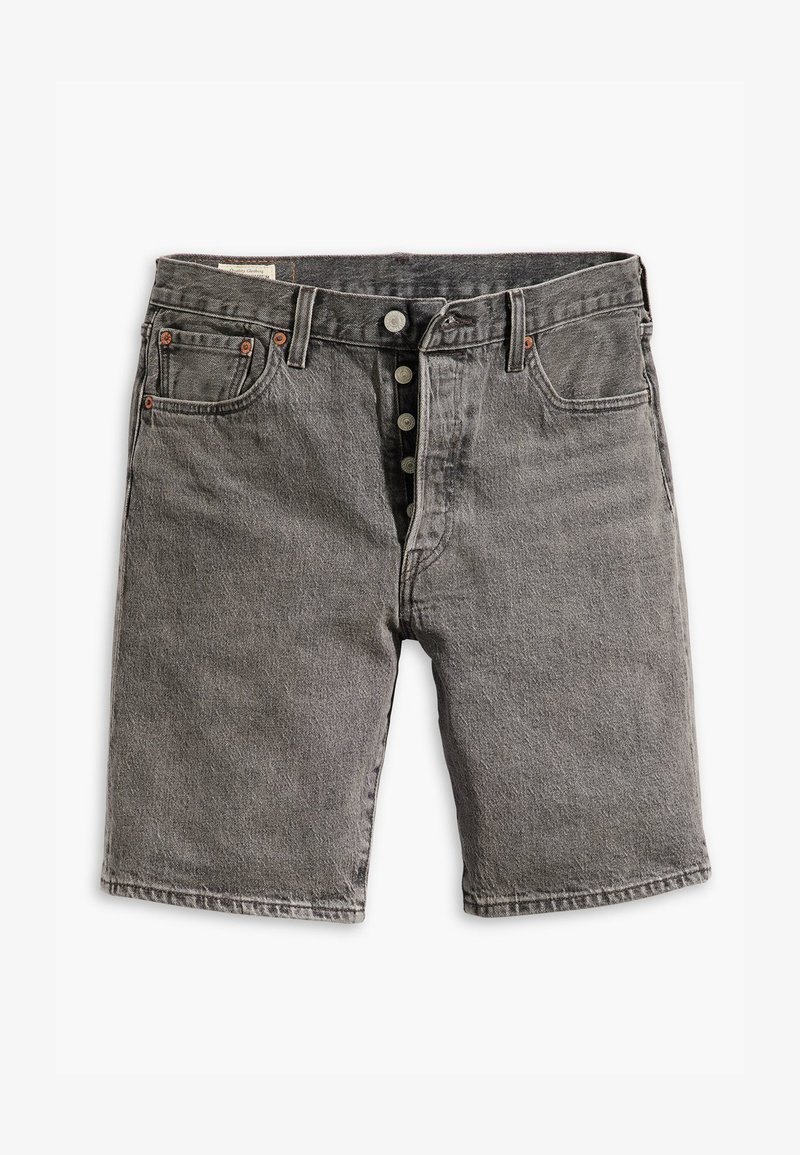 Shorts in denim grigio con chiusura a bottoni, due tasche anteriori e una finitura sbiadita. Il design include cuciture visibili e rivetti in rame.