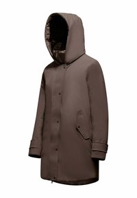 Brązowa ocieplana parka z dużym kapturem, z przodu na zatrzaski, z dwoma bocznymi kieszeniami oraz gładką, wodoodporną powierzchnią.