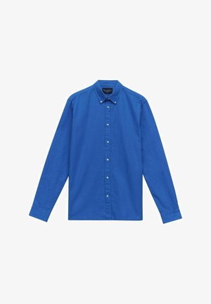 Niebieska, długorękawowa koszula z guzikami z klasycznym kołnierzykiem, wykonana z bawełny, o gładkiej fakturze i zapięciu na guziki z przodu.