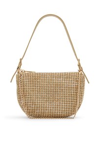 Gold sequined handbag with a rectangular shape, a smooth leather shoulder strap, and a woven chain accent on the side.