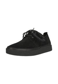 Black suede lace-up shoe with a textured rubber sole. Features a low profile and round toe with minimalistic design and subtle stitching accents.