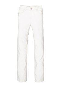 Pantalones vaqueros de mezclilla blanca con un diseño de pierna recta, que cuentan con bolsillos delanteros, cierre de botón y una textura suave.