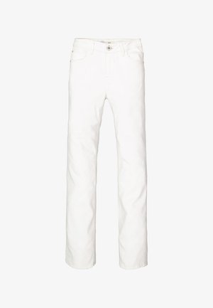 White denim jeans with a straight leg design, featuring front pockets, a button closure, and a smooth texture.