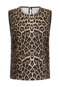 Blouse sans manches avec col rond et motif léopard marron et noir, avec une petite fermeture à bouton dans le dos.