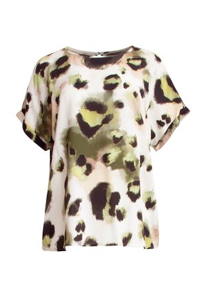 Leopard print blouse with short sleeves, featuring green, black, and beige hues on a lightweight fabric, has a round neckline and relaxed fit.