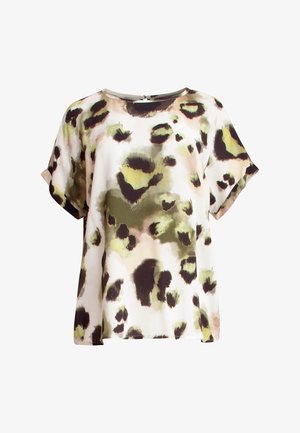 Leopard print blouse with short sleeves, featuring green, black, and beige hues on a lightweight fabric, has a round neckline and relaxed fit.