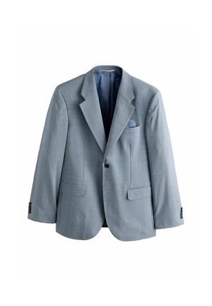 Light blue checked men's blazer with two front flap pockets, one button closure, and a matching pocket square on white background.