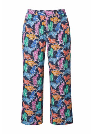 Pantalones de pijama multicolores con un estampado juguetón de leopardos sobre un fondo azul marino. Cintura elástica, piernas anchas y material de algodón.