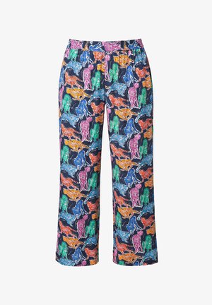 Pantalones de pijama multicolores con un estampado juguetón de leopardos sobre un fondo azul marino. Cintura elástica, piernas anchas y material de algodón.