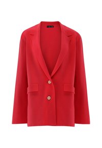 Roter Blazer aus weichem Stoff, mit schmalem Revers, zwei Fronttaschen und zwei hellen Knöpfen.