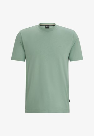 Lichtgroene T-shirt met korte mouwen van soepel katoen. Heeft een ronde halslijn en een geborduurd "BOSS" logo op de borst.