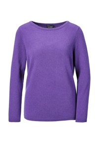 Lila Pullover, lange Ärmel, runder Ausschnitt, aus weichem Strickmaterial, mit glatter Textur und ohne sichtbare Muster oder Akzente.
