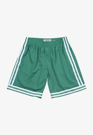 Shorts de basketball verts avec une texture en maille, une taille élastique et des bandes blanches sur les côtés. Coupe régulière, adaptés pour les activités sportives.