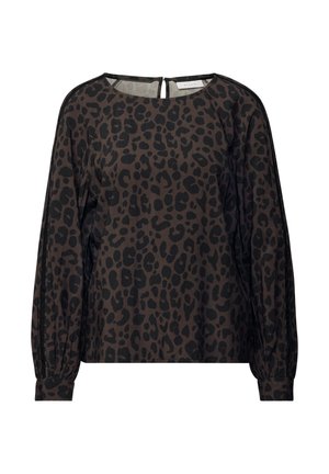 Blouse à imprimé léopard noir et marron avec manches longues, col rond et fermeture en forme de trou de serrure au dos. Tissu léger avec une texture douce.
