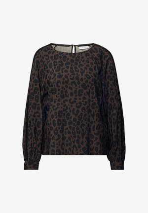 Zwarte en bruine luipaardprint blouse met lange mouwen, ronde hals en een sleutelgatsluiting op de rug. Lichtgewicht stof met een gladde textuur.