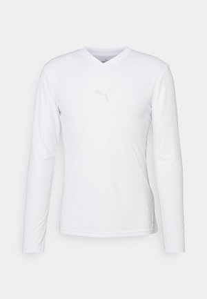 Tricou sportiv alb cu mânecă lungă, cu un design în formă de V. Dispune de un logo Puma gri subtil pe piept și un material neted și ușor.