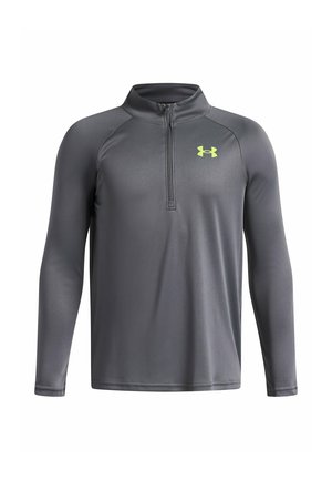 Donkergrijs langarm sportshirt met een kwart rits en neon geel Under Armour-logo op de linkerborst.