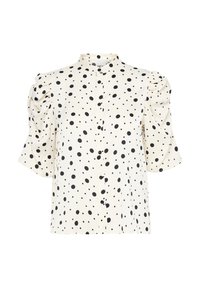 White blouse with black polka dots, short puff sleeves, high collar, and front button closure. Lightweight fabric with a smooth texture.