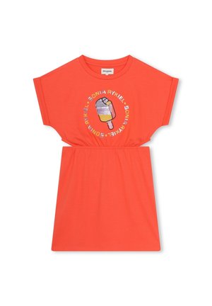 Korallenrotes Baumwollkleid mit kurzen Ärmeln, tailliert, mit einer bunten Eistüten-Grafik und dem Schriftzug "Sonia Rykiel" im kreisförmigen Design.