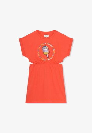 Robe en coton corail à manches courtes, taille froncée, ornée d'un graphique coloré de glace et du texte « Sonia Rykiel » en design circulaire.