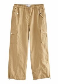 Beige cargo bukser lavet af letvægtsstof, med en elastisk talje, to sidelommer og lynlåsbånd for justerbar pasform.