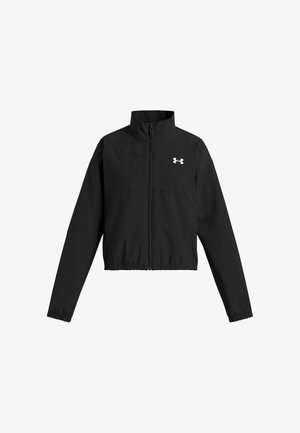 Zwarte sportjack gemaakt van lichtgewicht materiaal. Voorzien van een ritssluiting, hoge kraag en een cropped ontwerp met elastische zoom en manchetten.