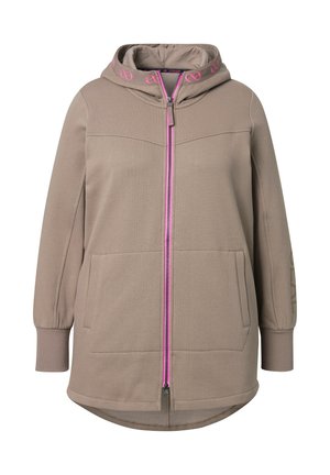 Giacca taupe con cappuccio, zip rosa e stampe di simboli infinito rosa sul cappuccio, tasche laterali e polsini a costine.
