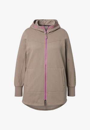 Taupe Kapuzenjacke mit rosa Reißverschluss und rosa Unendlichkeitssymbol-Drucken auf der Kapuze, Seitentaschen und gerippten Bündchen.