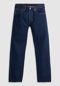 Jean denim bleu foncé à jambe droite, fermeture par bouton et zip, poches avant et arrière, présenté à plat sur un fond clair.