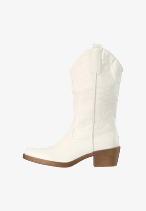 Witte cowboylaars tot halverwege de kuit met decoratieve stiknaden, aantreklipje, puntige neus en houten blokhak.