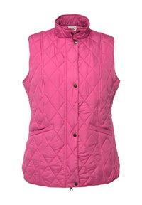 Růžová prošívaná vesta s vysokým límcem, patentky a dvěma předními kapsami. Tkanina má hladkou texturu a diamantový vzor.