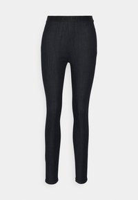 Leggings de mezclilla oscura con un diseño ajustado y una cinturilla elástica negra. Textura suave, costuras mínimas y sin bolsillos.