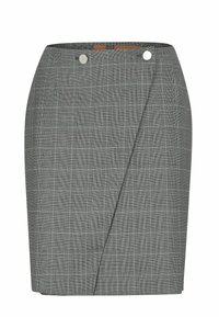 Grijs geruite kokerrok met een wikkeldesign, zilveren hardwareaccenten en een gladde textuur, ideaal voor formele of professionele omgevingen.