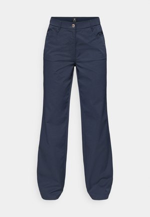 Pantalons larges bleu marine en tissu durable, avec une fermeture à bouton, des passants de ceinture et des poches latérales. Texture lisse, coupe droite.