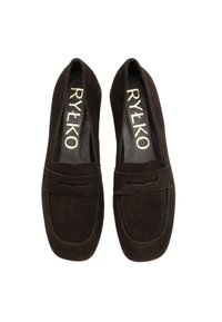 Brown suede loafers with a stitched design and a bow detail on the front. The interior features a metallic logo. Flat soles.