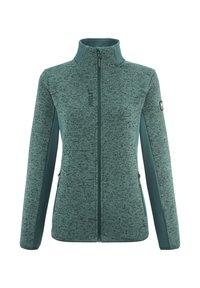 Veste en polaire pleine fermeture éclair pour femmes, couleur vert canard, avec un motif en maille texturé, un col haut, des poches zippées sur les côtés, et un logo sur la manche supérieure gauche et la poitrine.