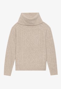 Pull à col roulé en tricot beige avec des motifs en losange et en tresse, manches longues, et poignets et ourlet à côtes.