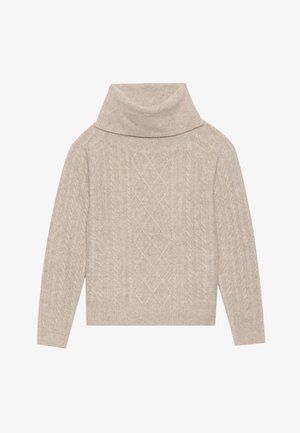 Beige kabelstrikket turtleneck sweater med diamant- og fletmønstre, lange ærmer og ribbede manchetter og kant.