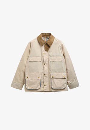 Beige jas met een bruine corduroy kraag, vier klepzakken aan de voorkant met gouden drukknopen en een sluiting met gouden drukknopen aan de voorkant.